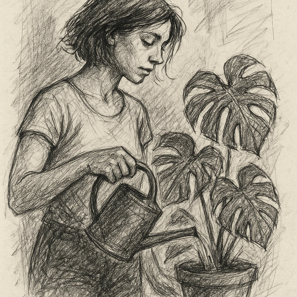 woman watering her monstera plant emoji