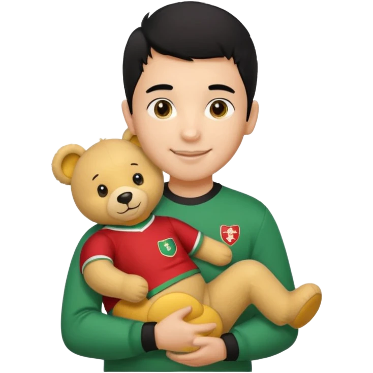 Une garçon qui a les cheveux noir qui sourit il a un maillot de l’algerie et qui a un doudou jaune sur son epaule un ours jaune qui a des habille noir emoji