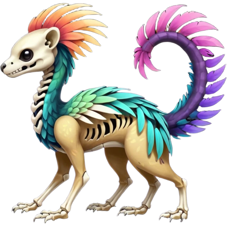 Rare colorful gradients colored realistic dark edgy glossy shiny tropical tribal patterned feathery skeletal badass epic pretty beautiful handsome gorgeous aesthetic colorful vibrant Vernid-Trico-species-Fakemon-creature by LiLaiRa, 4 legs, 1 tail, random markings, (full body) emoji
