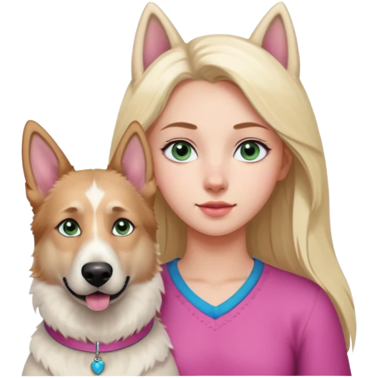 White European young woman with blue-green eyes and long blond hair with her white German Shepherd dog,the Dog hast a pink nose and short fur  and Brown eyes emoji
