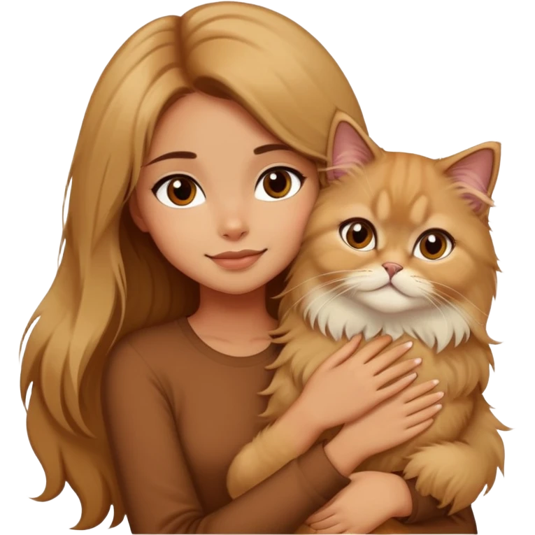 A pretty girl with long brown hair is hugging her blonde Persian cat. The girl has brown hair, and only the cat is blonde. emoji
