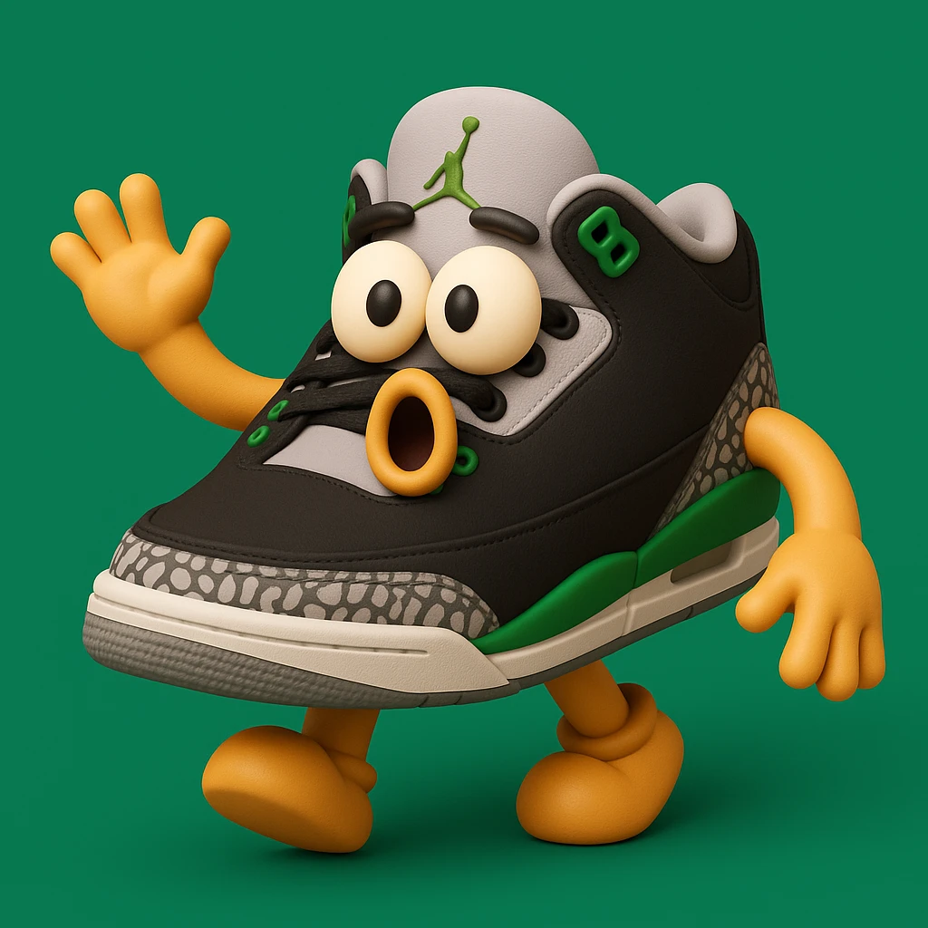 Create a 3D emoji style sneaker based on the provided reference image, adding arms, legs, and a surprised facial expression. The style should resemble Microsoft style 3D fluent emojis with a playful and friendly look. emoji