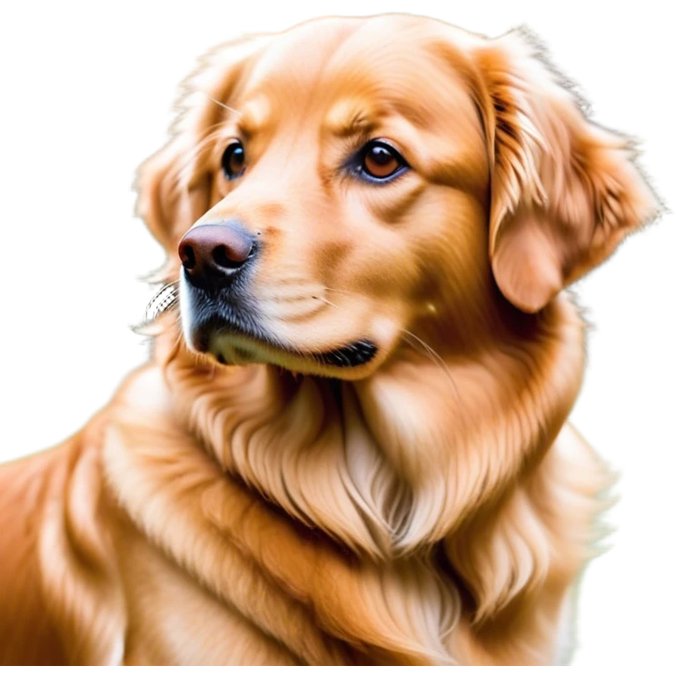 Cinematic Noble Golden Retriever Portrait Emoji, Poised and regal, with a strong, athletic build and a lustrous, well-groomed golden coat, deep-set soulful brown eyes, Simplified yet sharp and sophisticated features, highly detailed, glowing with a soft, dignified glow, high shine, intelligent and friendly, stylized with an air of warmth, focused and attentive, soft glowing outline, capturing the essence of a watchful and confident companion, so majestic it feels as though it could bound out of the screen with effortless authority! emoji