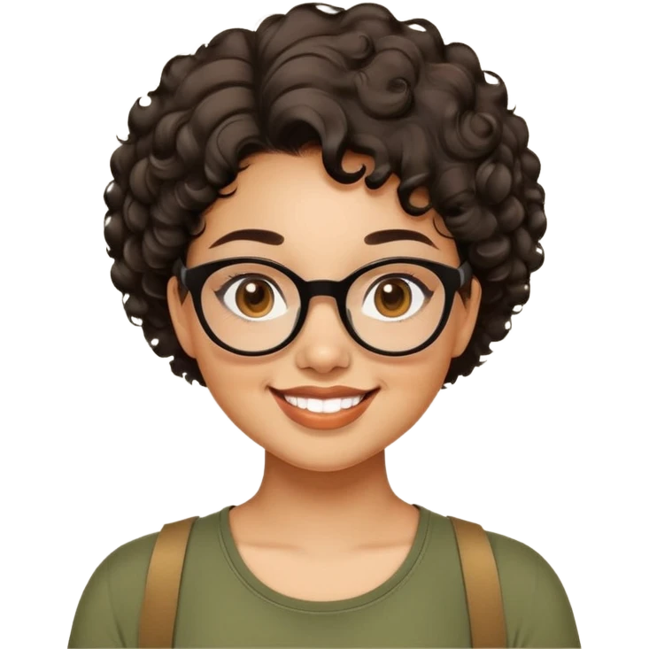 Woman in her 20s with caramel skin tone. Cheerful round face with chubby cheeks. Brown eyes behind thick black glasses. Voluminous short curly hair. Wide smile with dimples. Wearing olive green shirt with wide straps. emoji