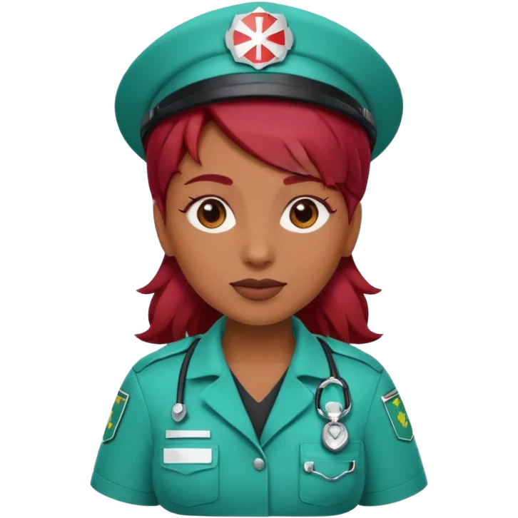 medium brown skin tone woman emoji with red burgundy hair in a paramedic costume emoji