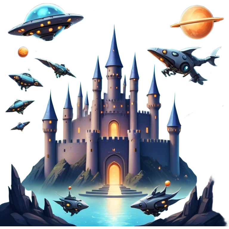 Icon for Fantasy and Sci-Fi Movies: A magical collage with flying dragons. futuristic spaceships and UFOs. Stars and planets shimmer in the background with a mystical castle Hogvards an ancient wizard and robots. The atmosphere is epic, otherworldly and adventurous. Transparent background. emoji