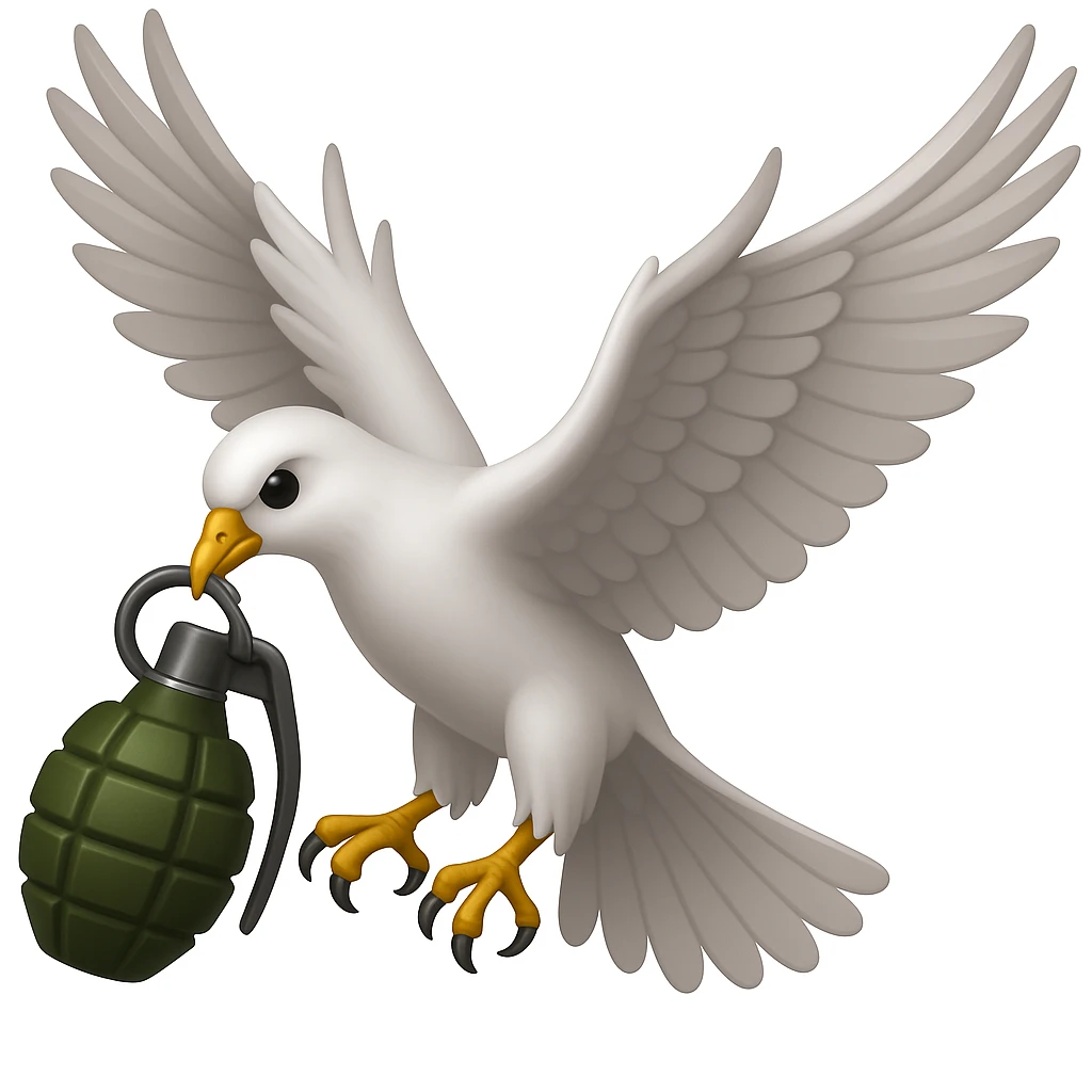 a flying dove holding a grenade in its paws, inspired by the Hollywood Undead logo, in the style of Apple emoji emoji
