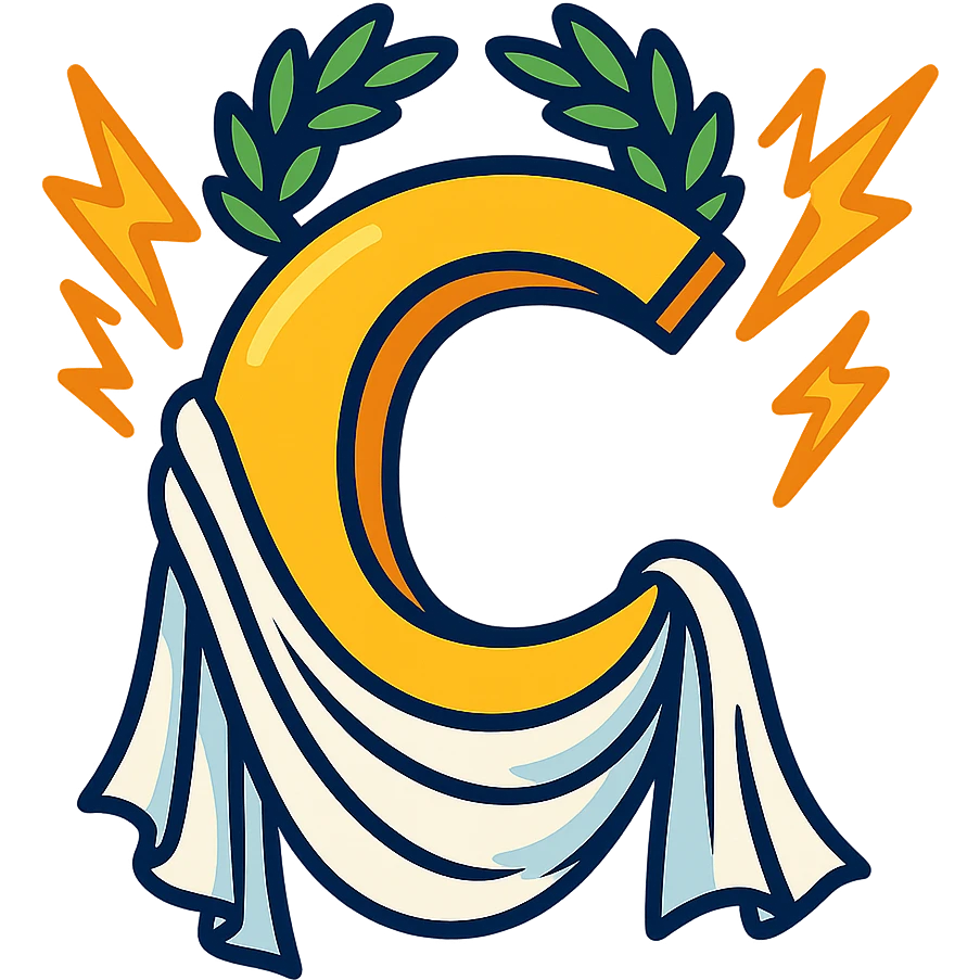 cartoonish letter C with features inspired by Greek gods of Olympus, such as a laurel wreath, lightning, and flowing robes, representing Chronos, only the letter C emoji