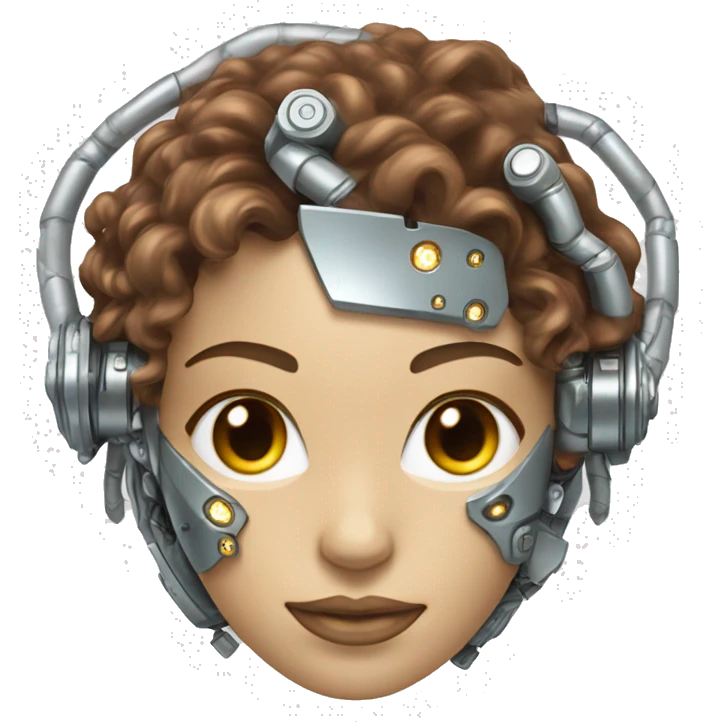 female cyborg head with metallic plated face, long brown curly hair and circuitry emoji