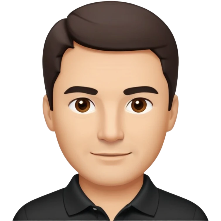 Middle-aged man with strong square face, pronounced jawline, full cheeks, neutral expression, dark brown eyes, thick eyebrows, wide proportional nose, friendly smile with medium lips, short dark hair neatly styled to the side, wearing a black polo shirt emoji