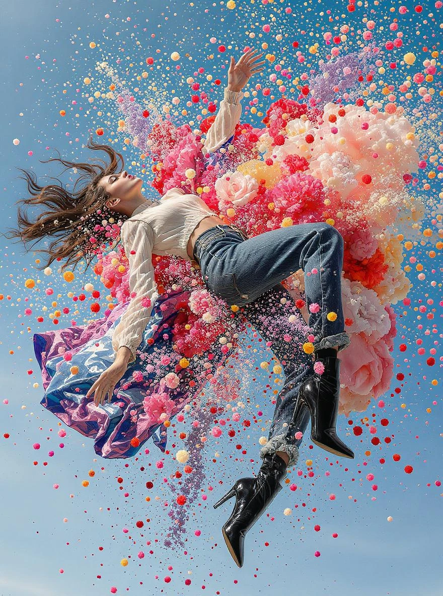 Minimalitic Closeup photo of a woman falling around explosion of a colorfull flowers wearing alternative fashion, blue sky minimalistic background emoji