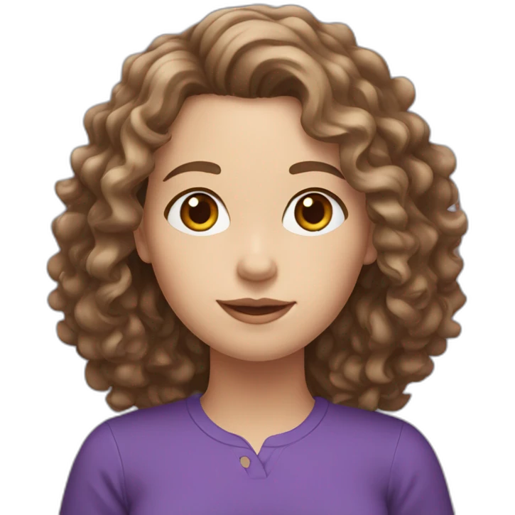 White girl with curly medium brown hair and purple shirt emoji