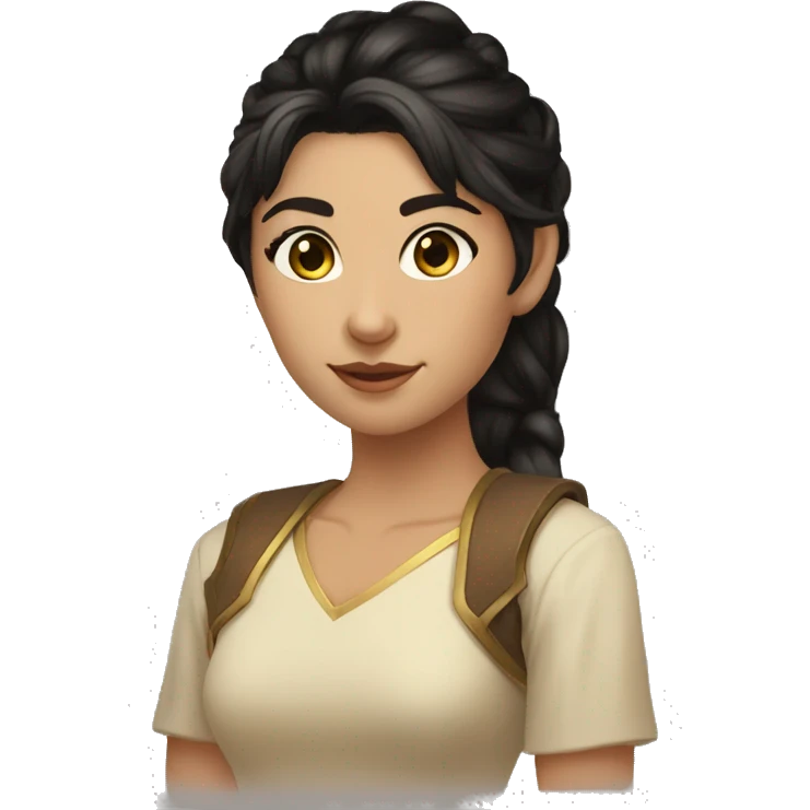 Tan, fem, half elf, short ponytail, black hair, light brown higlight hair, gold eyes  emoji