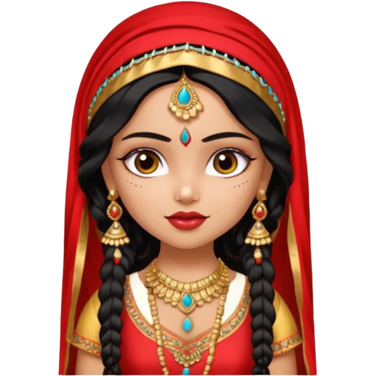 a pretty bratz fair indian girl wearing a red indian wedding outfit with dupatta on head,  golden jewellery, black wavy hair emoji