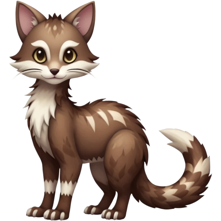 Kawaii dark edgy brown beige white fantasy ethereal feline-vernid-sergal-furret-fursona animal creature with a tufted tail full body with intricate markings  emoji