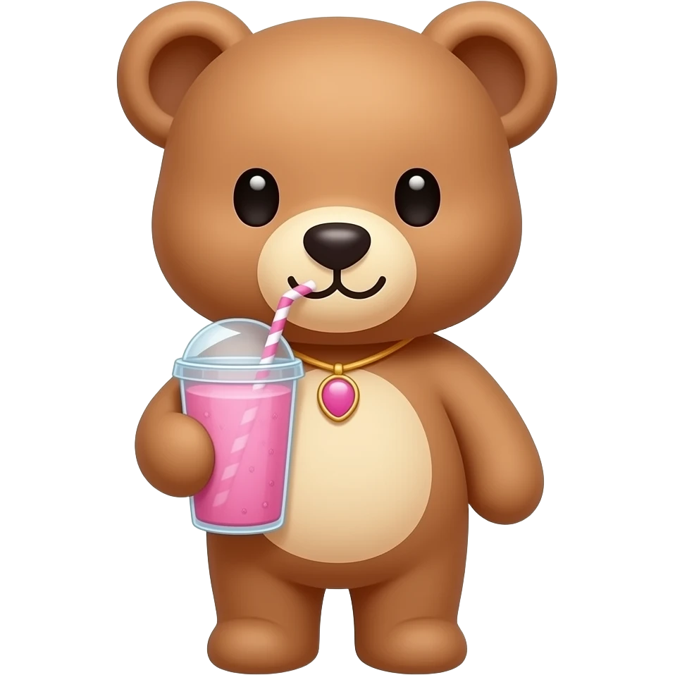 Un osito de pelucho tomando un batido con un lasito rosa en la oreja derecha emoji