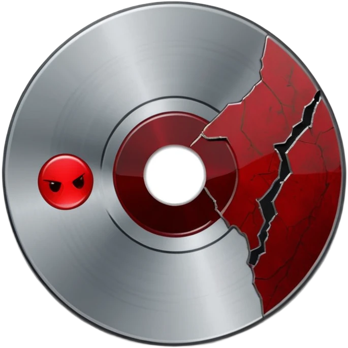 Minimalist emoji-style sticker of a single CD with a sharp crack and a dried blood spot. View from above, black, gray, and muted red.
 emoji