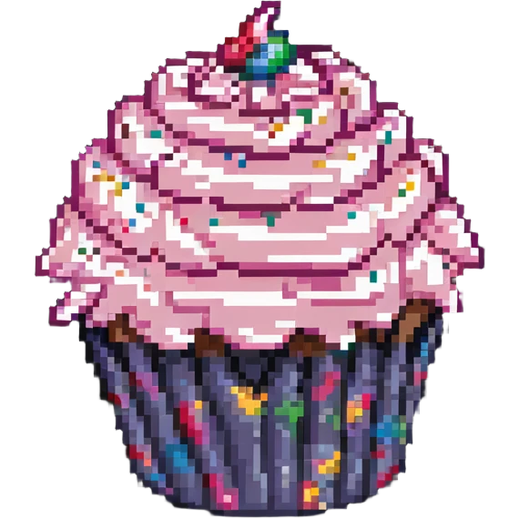 giant cupcake with pink icing and colorful sprinkles in pixel art style emoji
