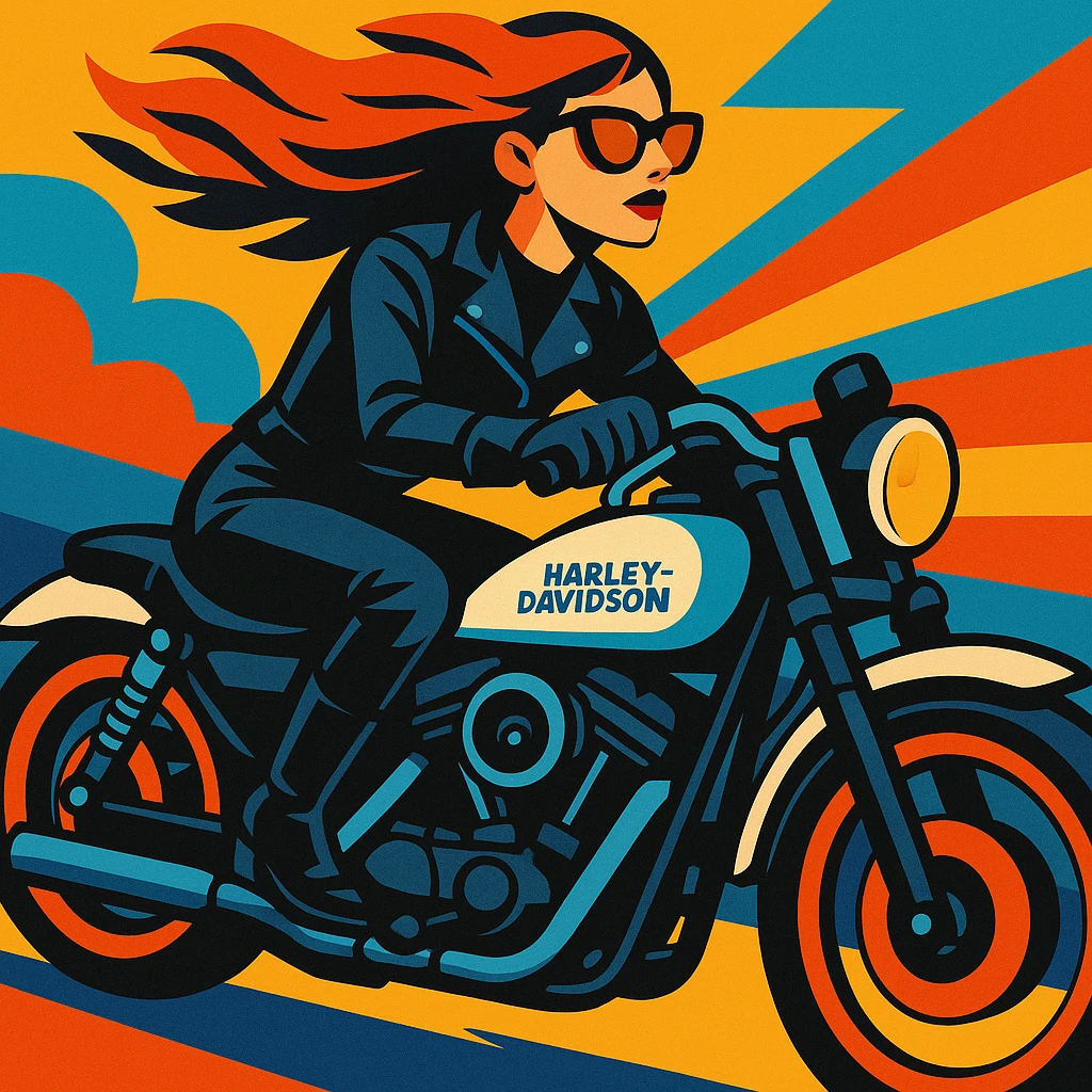 A female biker in black leather gear riding a white and blue Harley Davidson, wind in her hair, bold and stylish, vibrant toon style illustration emoji