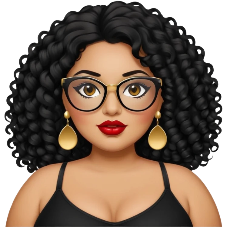 big plus size, latina, darker tan skin, long black curly hair, baddie,pretty, makeup, red lipgloss, black eyeliner, long hair, small gold earrings, black top, black glasses emoji