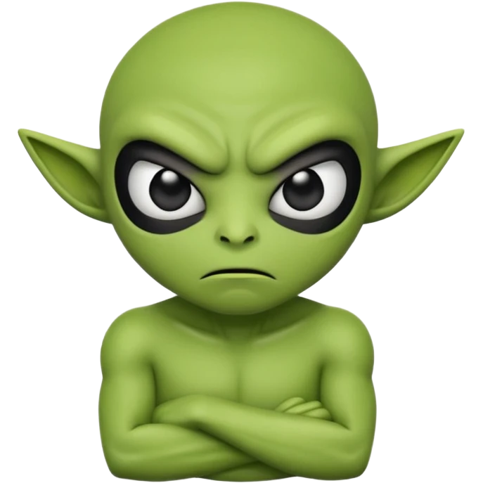 An emoji-style alien face with an angry expression, green skin, large black eyes, furrowed eyebrows, and a slanted side turned mouth, arms folded across chest showing contempt emoji