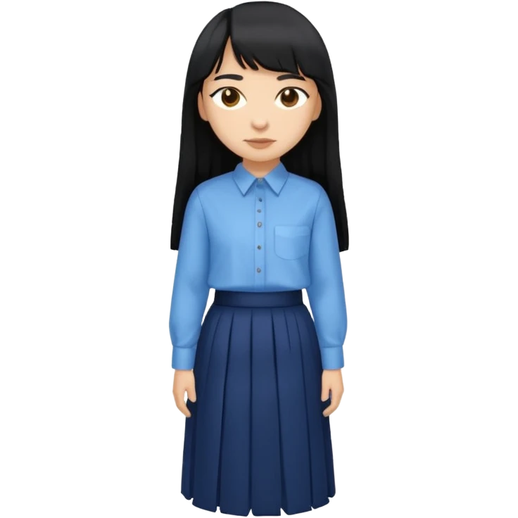 hair : black long hair with fringe 
skin : light 
cloth : oversize light blue shirt + navy long long skirt 
 emoji