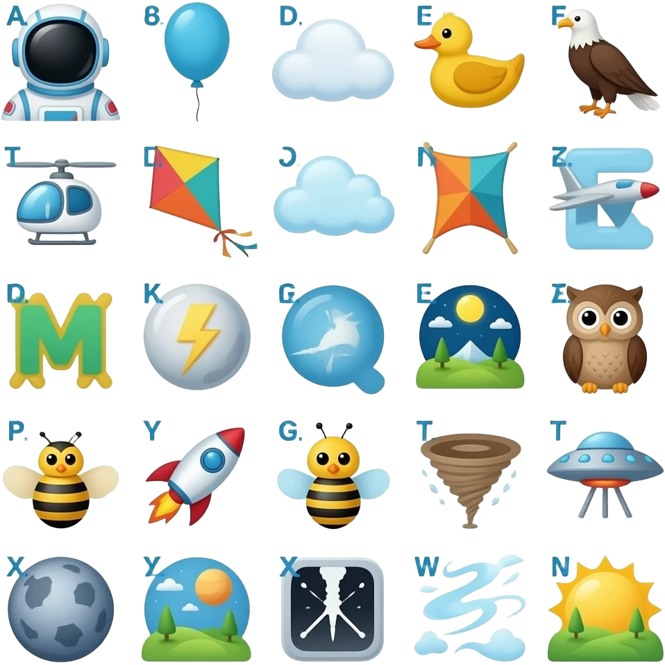 A is for Astronaut, b is for balloon (hot air balloon), c is for cloud, d is for duck, eagle, fly (verb), glider, helicopter, ice (cloud), jet, kite, lightning, moon, Neptune, owl, plane, queen bee, rocket, star, tornado, ufo, Venus, wind, x-rays, yellow (sun), and zigzag emoji