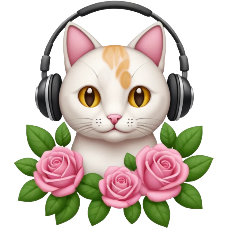 Ramo de flores rosas y junto a un gato con auriculares emoji