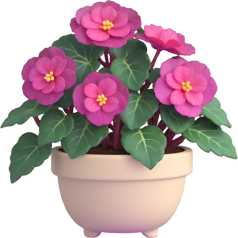 Begonia Rex with dark green leaves, purple edges, white spots in the middle, and distinct spiral centers where each leaf grows from, in a beige pot emoji
