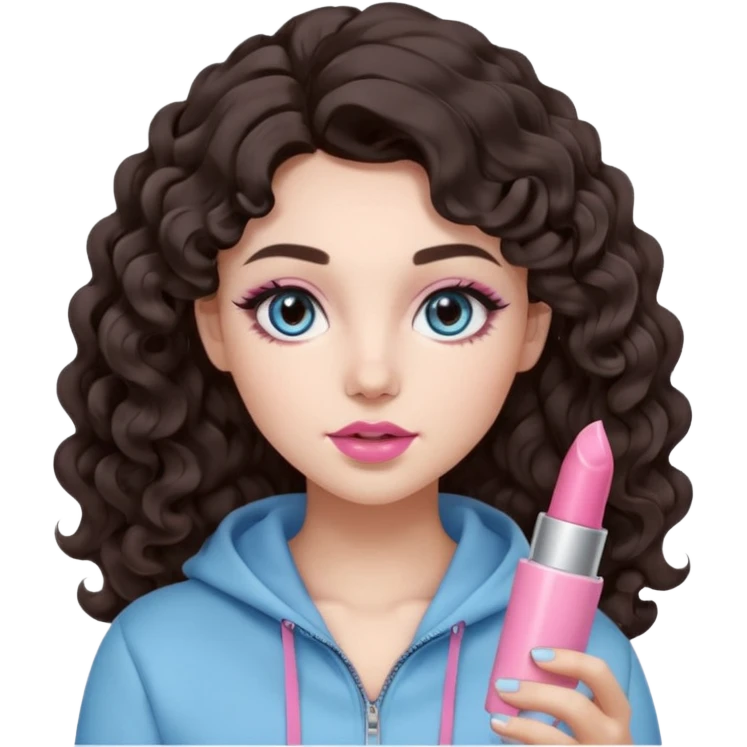 A girl with long dark brown hair styled in loose 36mm curls, round-almond Douyin-style eyes with long curled lashes, cool-tone neutral makeup. She’s wearing a light-blue athletic outfit and holding a normal-size pink lipstick (not oversized) in one hand. emoji