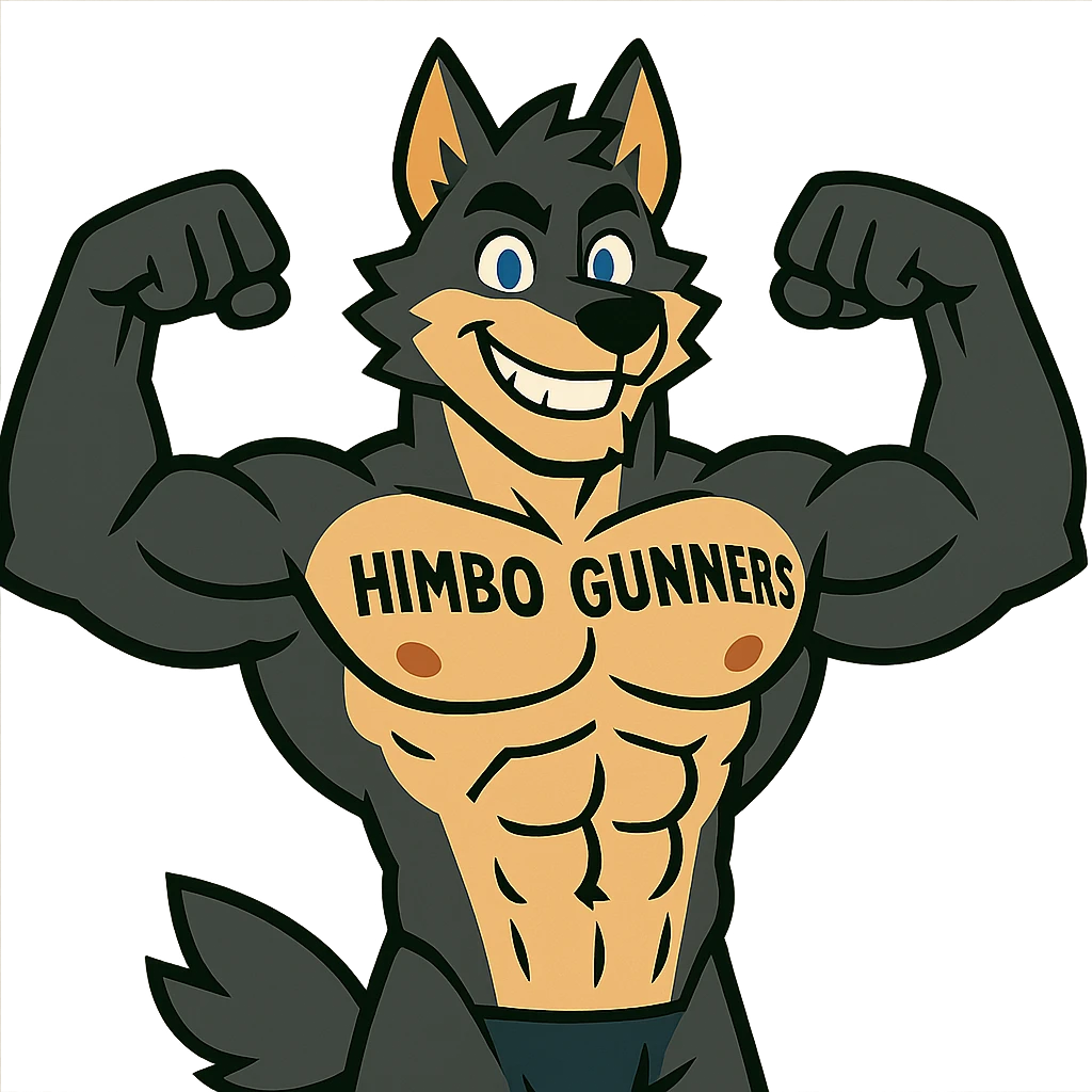 extremely muscular and handsome wolf furry, shirtless, with 'Himbo Gunners' tattooed across his chest, flexing pose, big friendly grin, attractive face and physique emoji