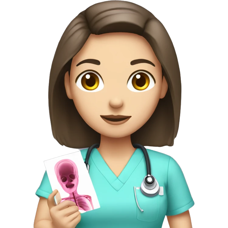 Brunette girl in pink scrubs looking at an arm X-ray  emoji