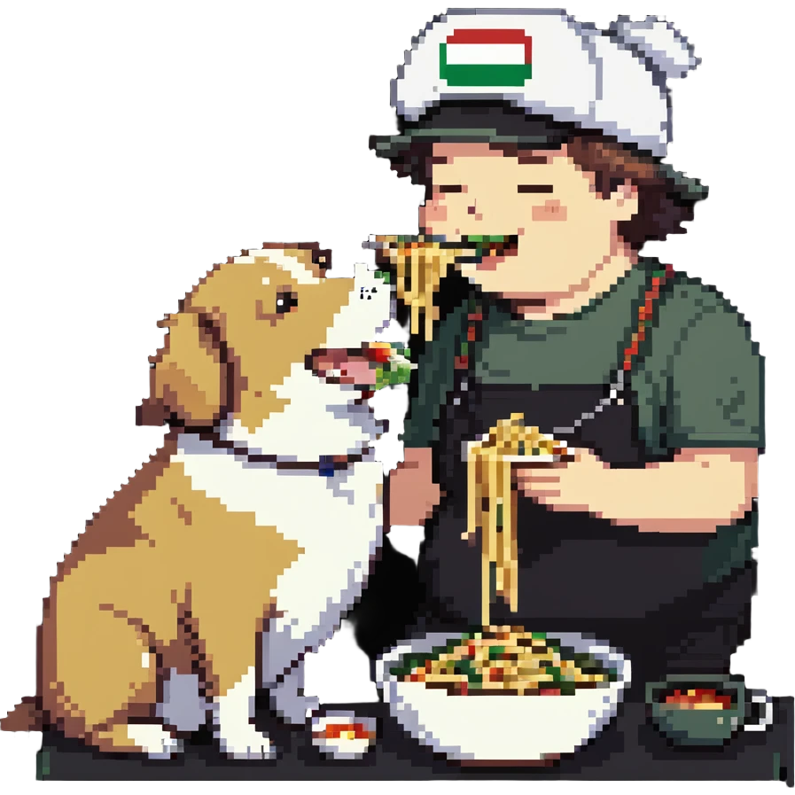 guy in Italy eating pasta with a huge, happy, fat whale of a dog wearing an Italy hat emoji