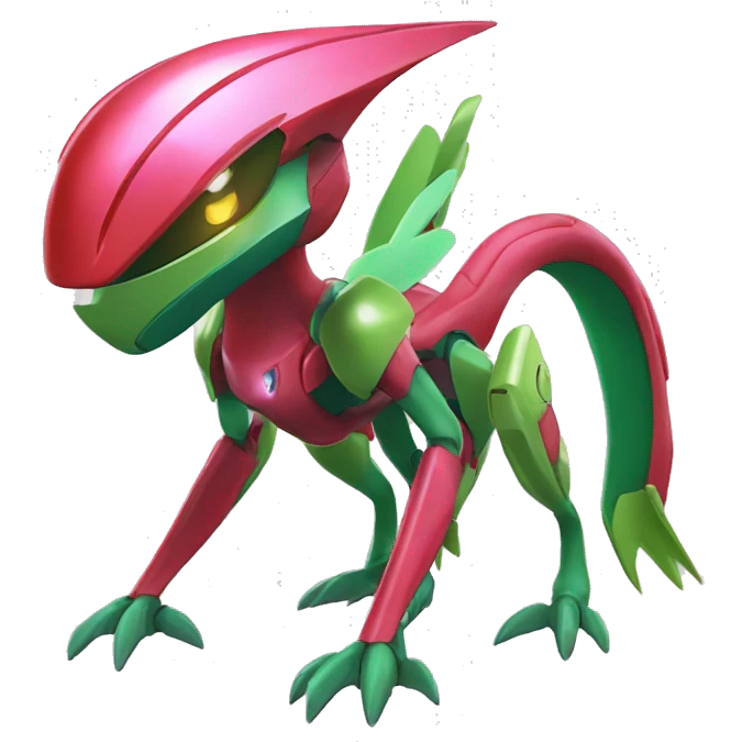 a shiny Genesect-Flygon-Raptor-Fakémon—hybrid with a futuristic visor-helmet full body emoji