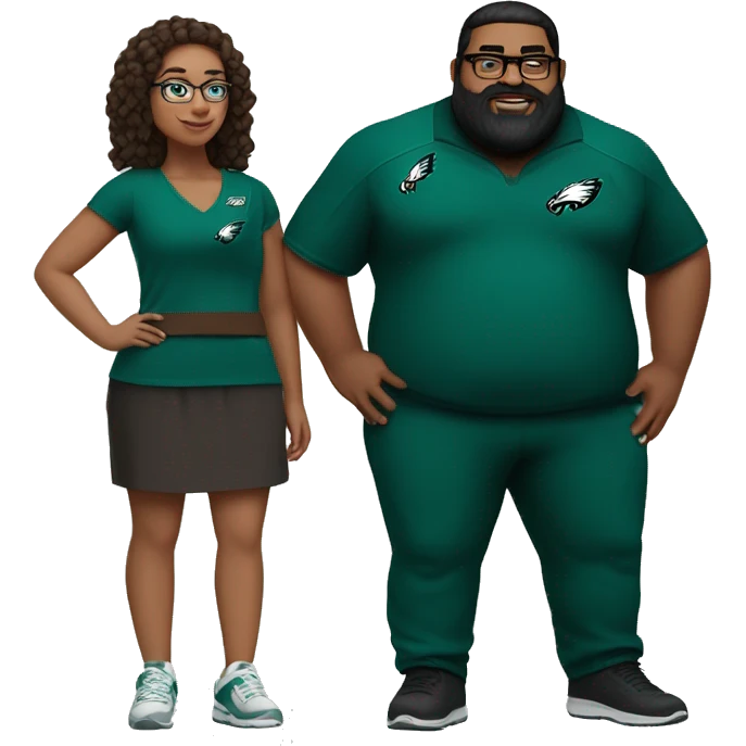 Fat Brown guy with beard mustache and brown girl with glasses and her hair in a bun in Philadelphia eagles clothes holding hands emoji