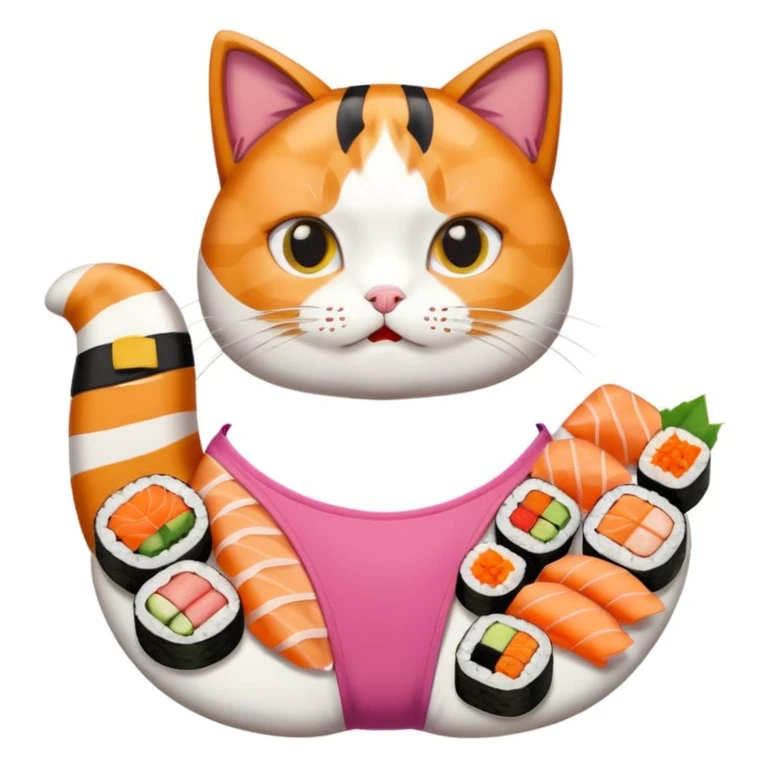 cat wearing a one piece swimsuit made of many individual pieces of sushi, emoji style emoji