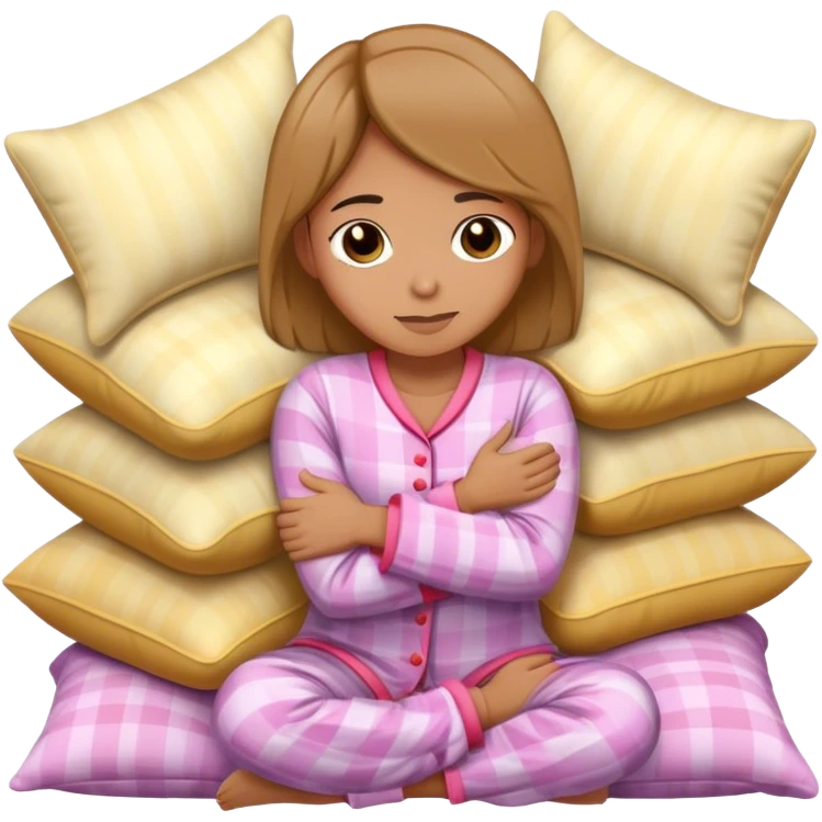 Mujer en pijama abrazandose con almohadas alrededor emoji