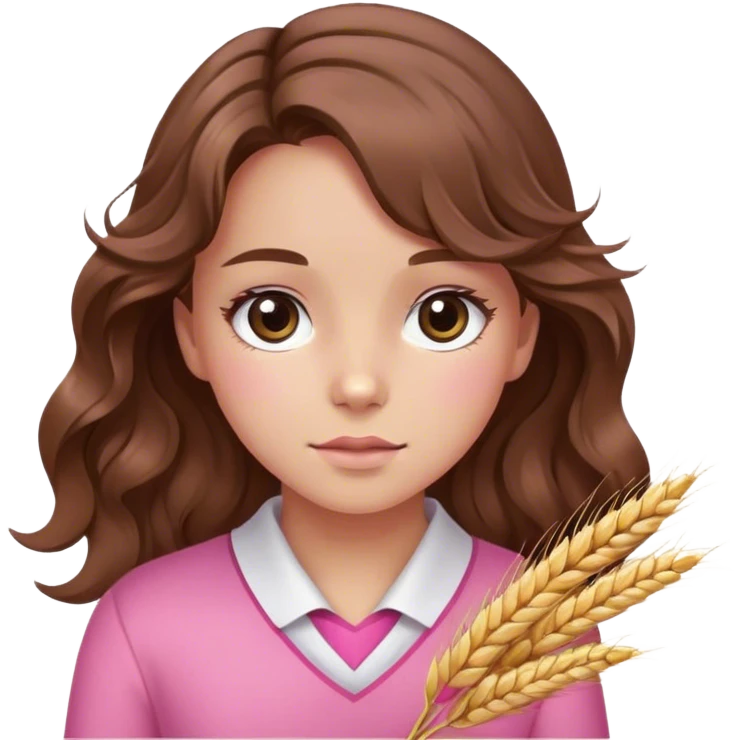Wavy, Brown hair, wheat skin, black eyes, pink clothes and pink ribbon, slightly slanted eyes, girl emoji