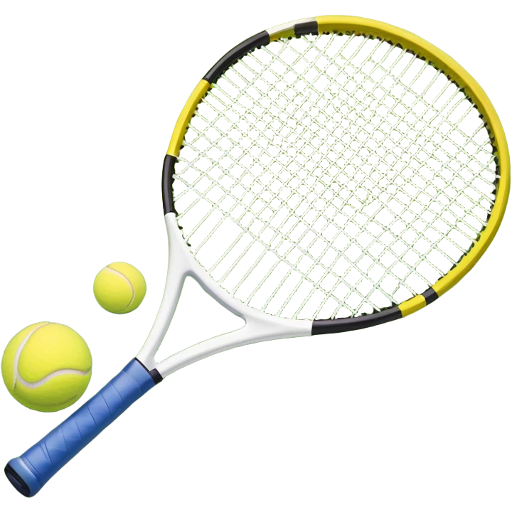 A tennis racket and ball on a grass or hardcourt surface, symbolizing the sport. The racket has a sleek design with tightly strung strings, while the bright tennis ball rests nearby, capturing the essence of precision, agility, and competition. emoji
