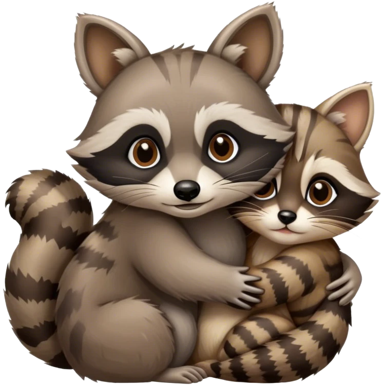Raccoons hugging each other and a cute cat emoji