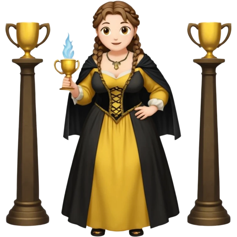 Helga Hufflepuff,brown-haired,2 braids,yellow-black medieval open dress,deep neckline,fat macromastia,black cloak decorated with gold braiding,gold cup with two handles,very kind smile,curvy busty sweet woman,round rosy cheeks,full length with medieval shoes emoji
