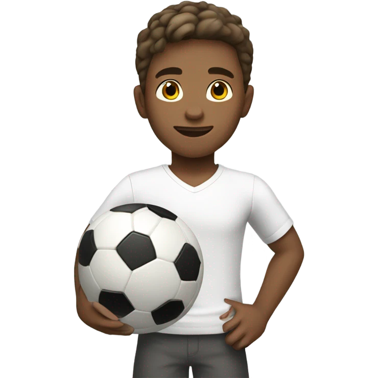 A boy with dark blonde hair, holding a soccer ball in his hand, wearing a white shirt. emoji