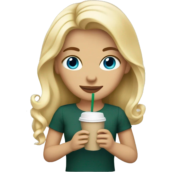 blonde girl blue eyes with Starbucks cup drink emoji