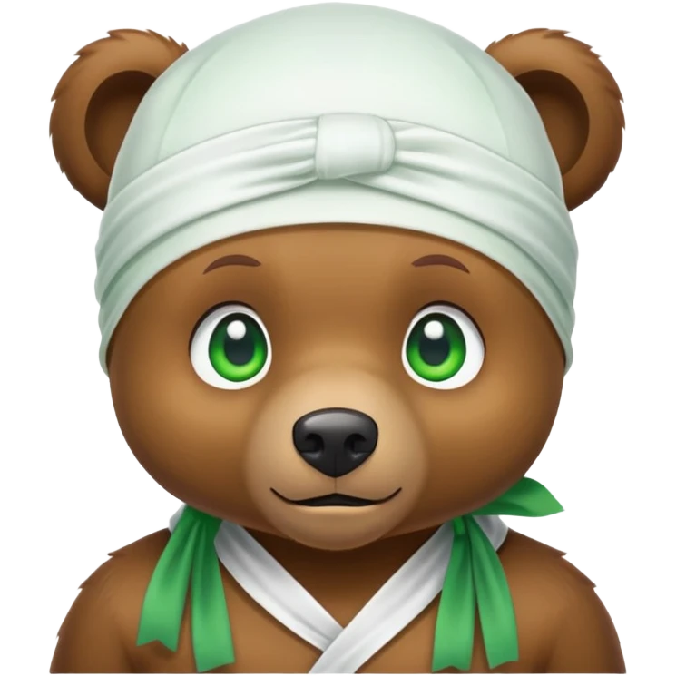Adorable small brown bear face with green eyes wearing a white silk durag tied at the back, urban style, iOS emoji style emoji