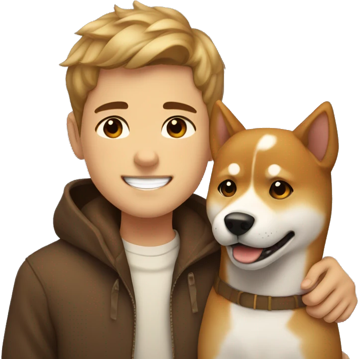 brown hairs boy with brown eyes and wide brows 12 years smiling and hugging with dog shiba inu  emoji