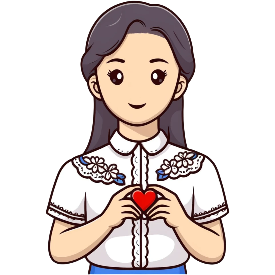 Ukrainian girl in a white embroidered shirt holds a heart in her hand emoji