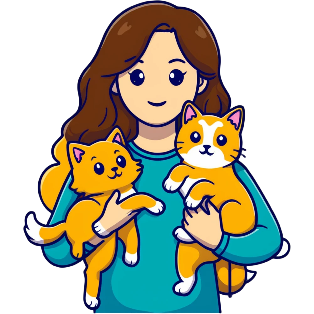 Beautiful woman with long brown hair holding a golden retriever and three cats emoji