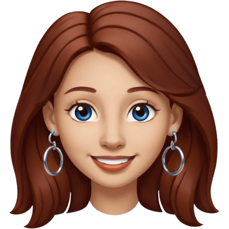 Create a custom emoji-style character inspired by a smiling woman with long dark reddish-brown hair, light skin tone, dark blue eyes, a nose piercing on each nostril, and hoop earrings. emoji