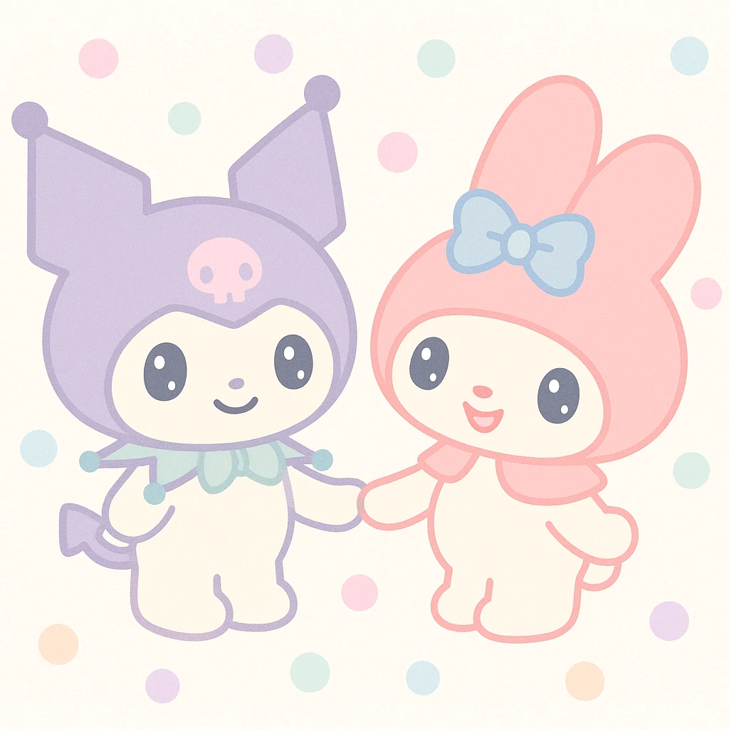 Kuromi and My Melody together, holding hands, pastel colors emoji