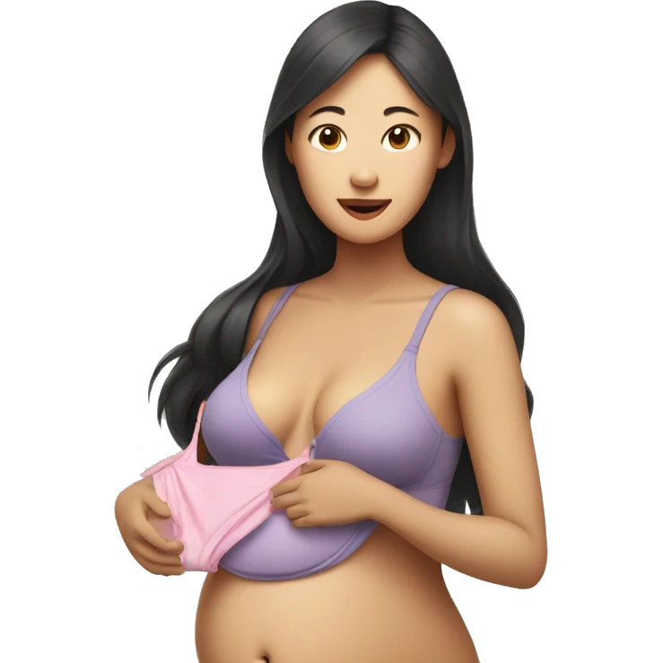 Pregnant Asian woman holds a bra in her hands emoji